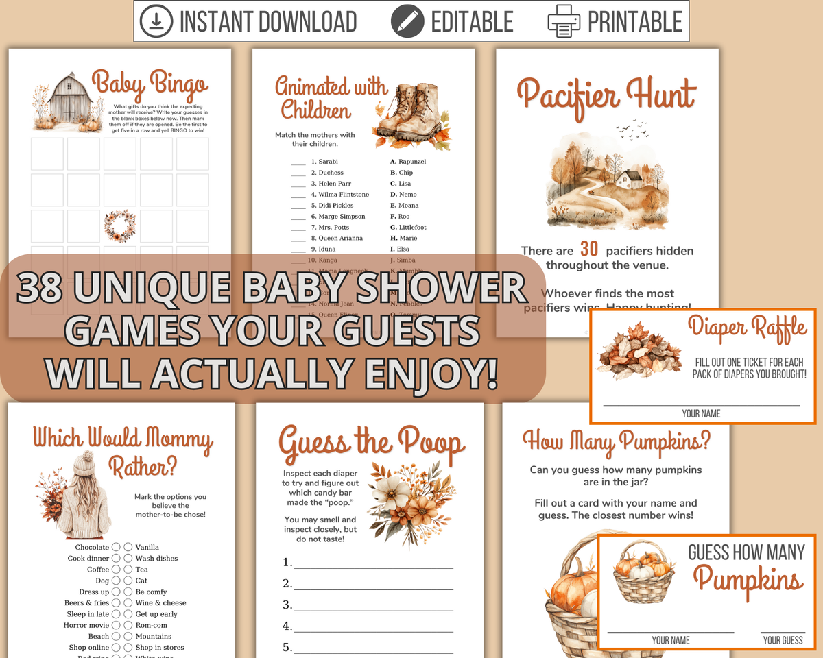 Printable Fall Baby Shower Games (38 Activities) – Bright Color Mom Shop