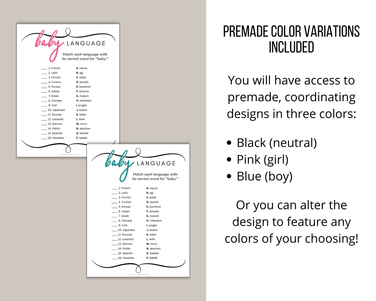 Baby Language Printable Baby Shower Game – Bright Color Mom Shop - Main Image