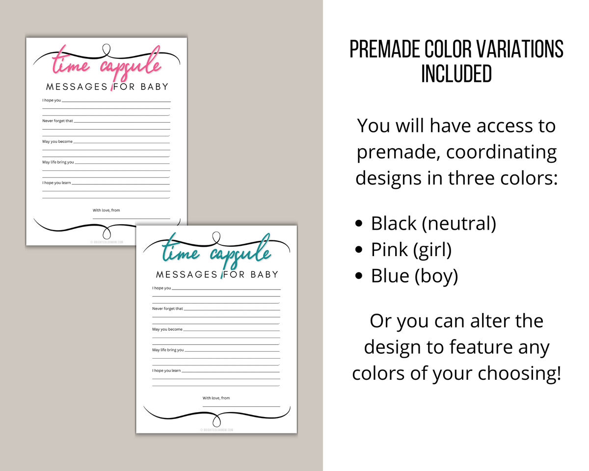 Time Capsule Messages Printable Baby Shower Game – Bright Color Mom Shop for 1st Birthday Time Capsule Free Printable