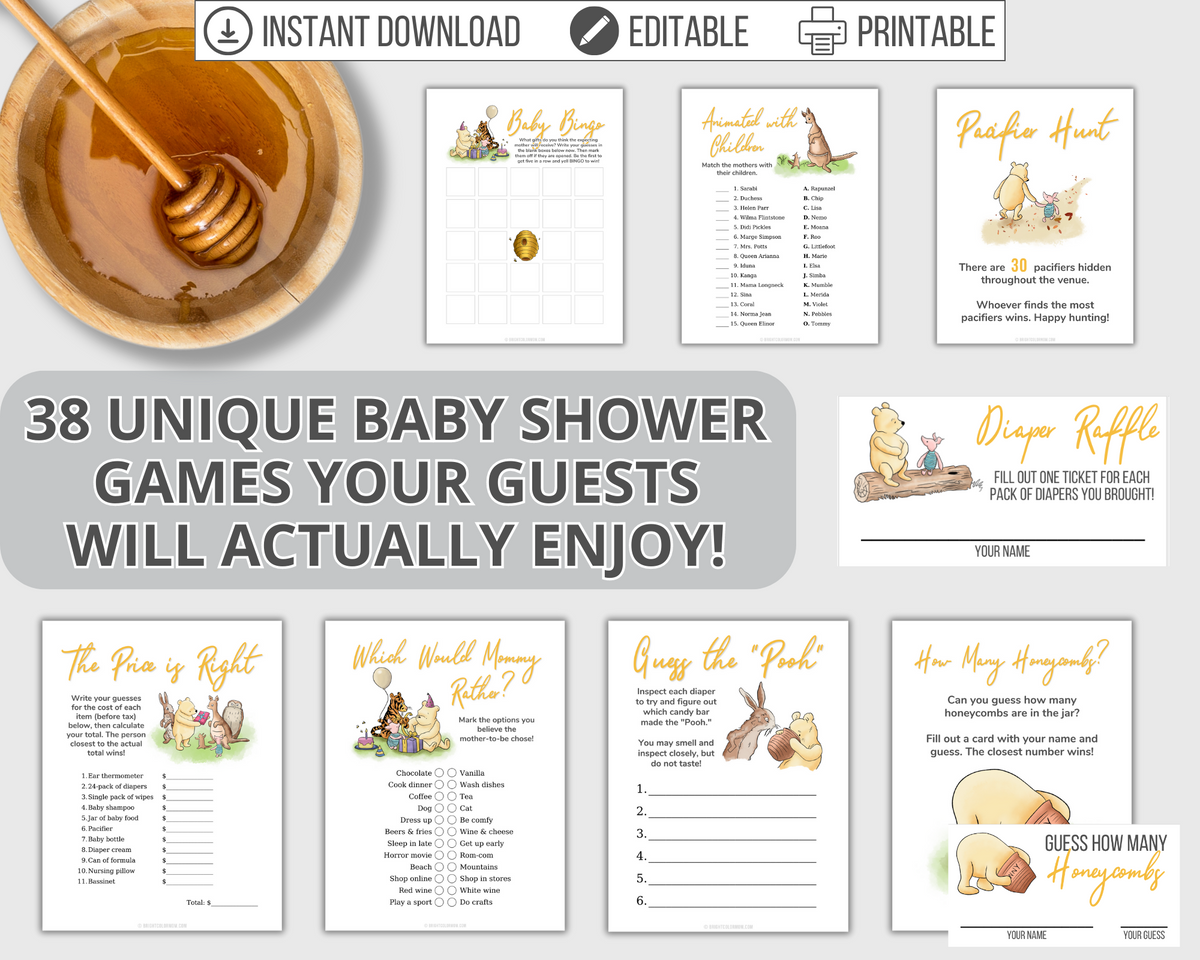 60 POOH Baby Shower Games, Editable Winnie-the-pooh Classic Party Games,  Download, Piglet Owl Kanga Roo, Virtual Baby Games, Printable DIY 