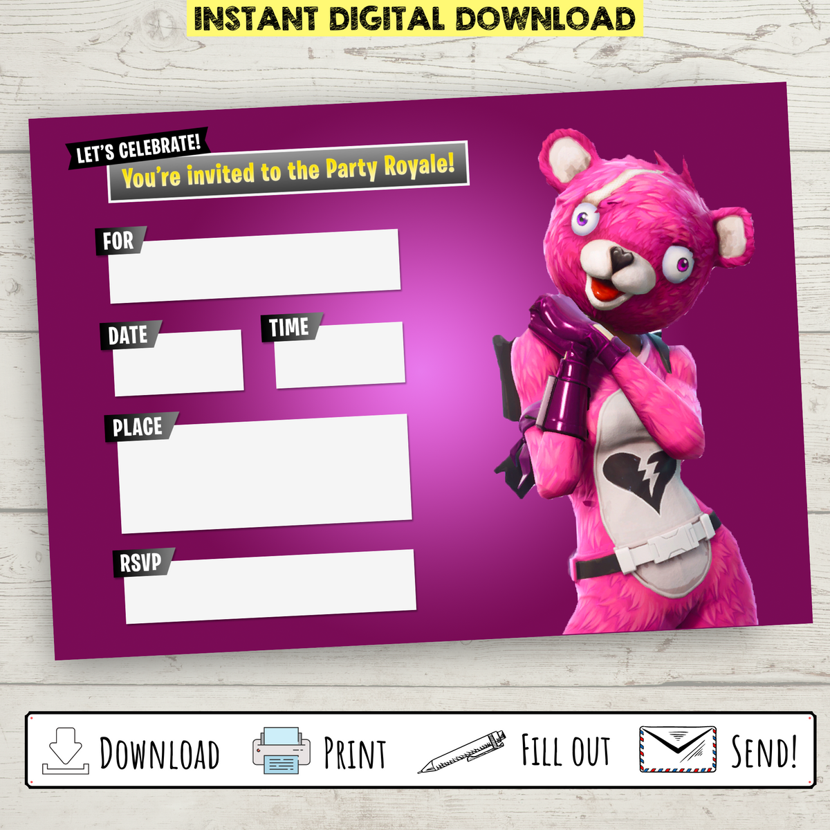 FREE Printable Creepy Bear Fortnite Party Invitation – Bright
