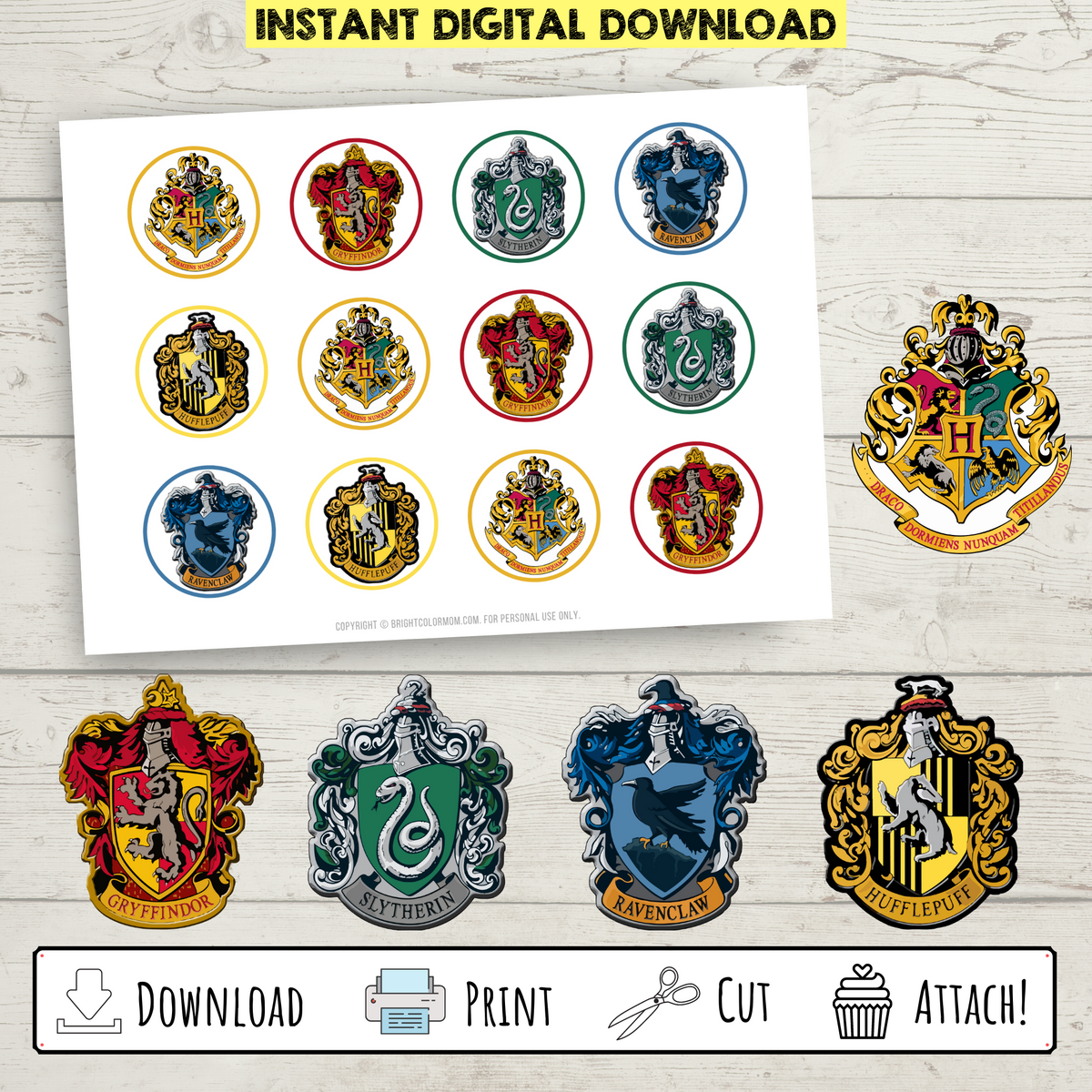 Free Printable Mini Hogwart's House Flags Cupcake toppers/Straw