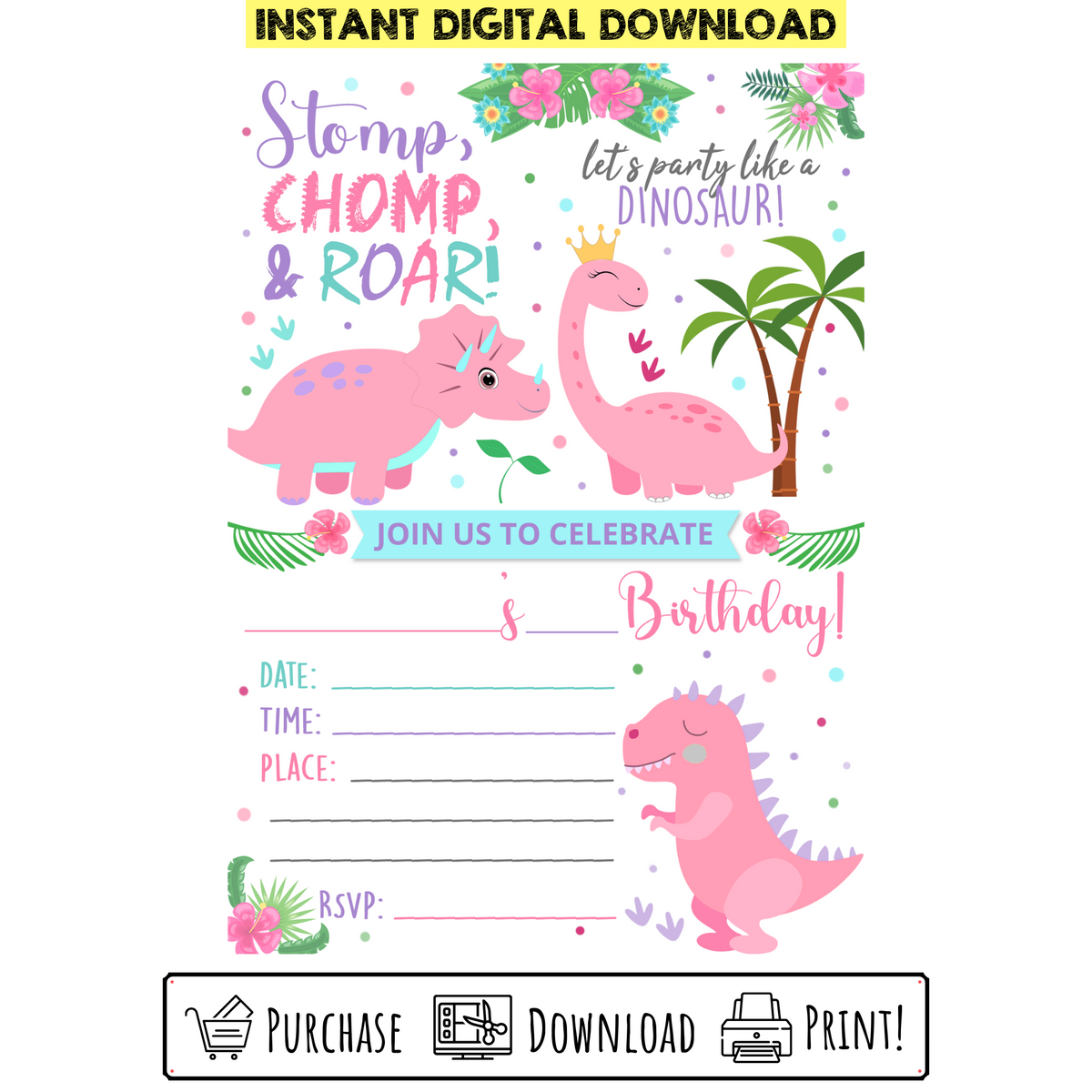Custom Printable Pink Dinosaur Birthday Invitation – Bright Color Mom Shop custom-printable-pink-dinosaur-birthday-invitation-bright-color-mom-shop