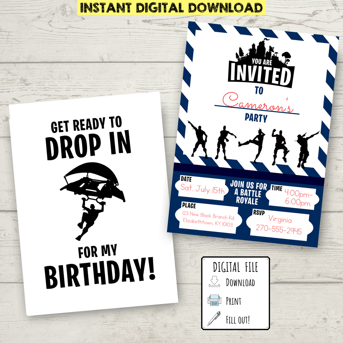 FREE Printable Double-Sided Fortnite Birthday Invitation – Bright