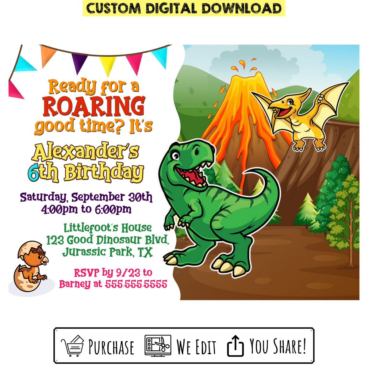 custom-printable-roaring-good-time-dinosaur-birthday-invitation-bright-color-mom-shop for Free Printable Birthday Invitation Cards Custom Printable Roaring Good Time Dinosaur Birthday Invitation – Bright Color Mom Shop for Free Printable Birthday Invitation Cards
