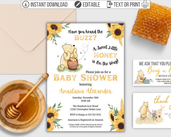Pooh with Sunflowers Editable Baby Shower Invitation Set