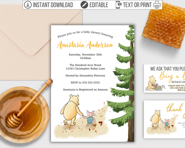 Simple Classic Pooh Editable Baby Shower Invitation Set