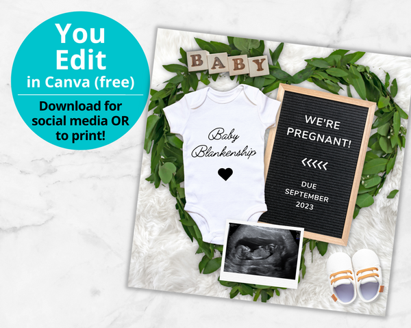 Editable, Printable Pregnancy Announcement Card (Onesie Letterboard Template)