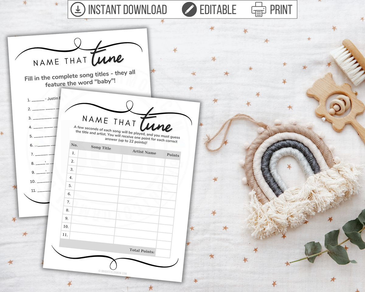 Name That Tune Printable Baby Shower Game (2 Versions) – Bright Color ...