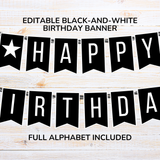 White and Black Birthday Banner with Full Alphabet and Numbers