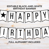 Black and White Birthday Banner with Full Alphabet and Numbers