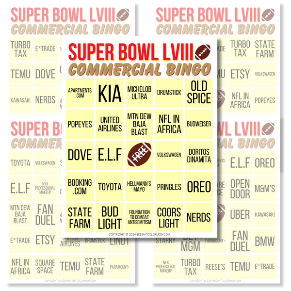 2024 Printable Super Bowl Commercial Bingo Cards (Up to 40) Bright