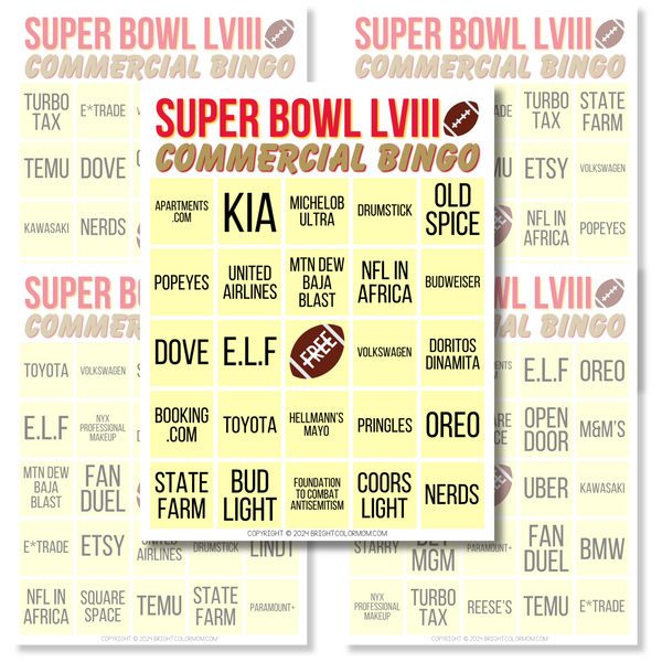 2024 Printable Super Bowl Commercial Bingo Cards Up To 40 Bright Color Mom Shop 2024-printable-super-bowl-commercial-bingo-cards-up-to-40-bright-color-mom-shop