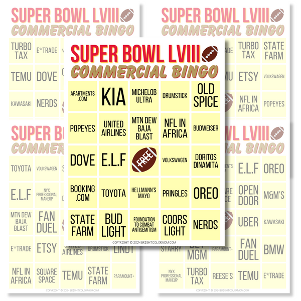 2024 Printable Super Bowl Commercial Bingo Cards (Up to 40)