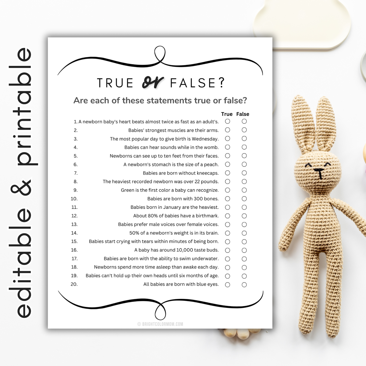 True or False Baby Shower Game – Bright Color Mom Shop