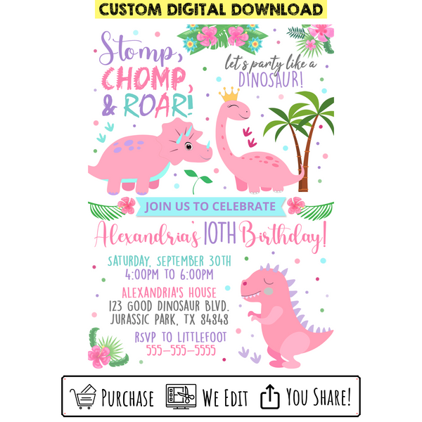 Custom Printable Pink Dinosaur Birthday Invitation