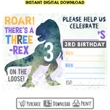 Custom Printable 3-Rex Dinosaur Birthday Invitation