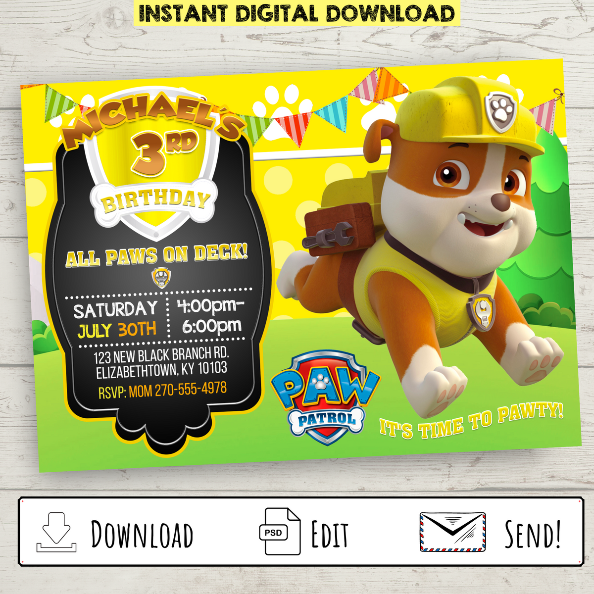 Printable Custom Rubble Paw Patrol Party Invitation – Bright Color Mom Shop