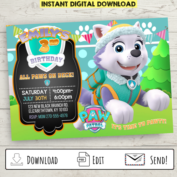 Printable Custom Everest Paw Patrol Party Invitation โ Bright