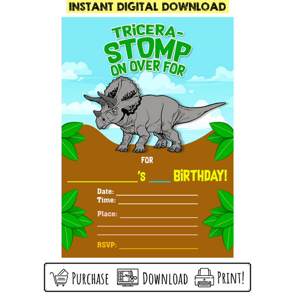 Custom Printable Triceratops Dinosaur Birthday Invitation