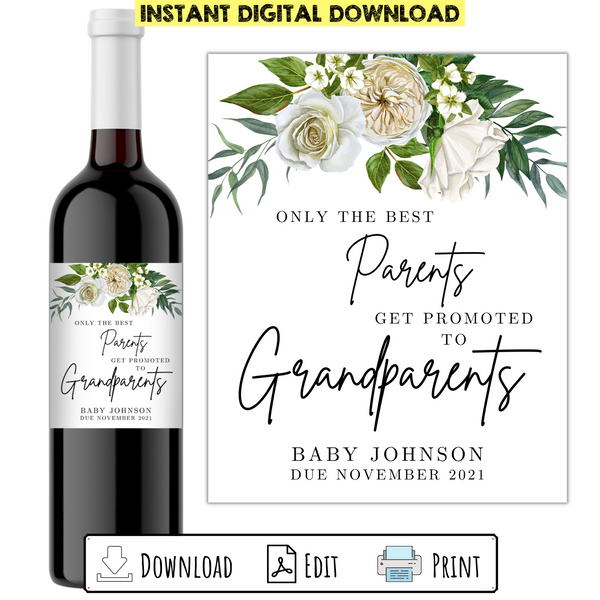 Promoted to Grandparents Custom Printable Wine Bottle Label Pregnancy Announcement