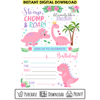 Custom Printable Pink Dinosaur Birthday Invitation