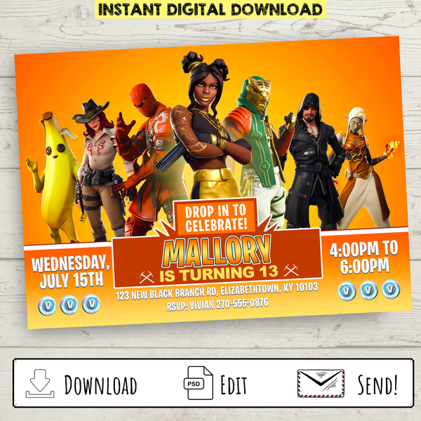 FREE Printable Fortnite Party Invitation (Orange)