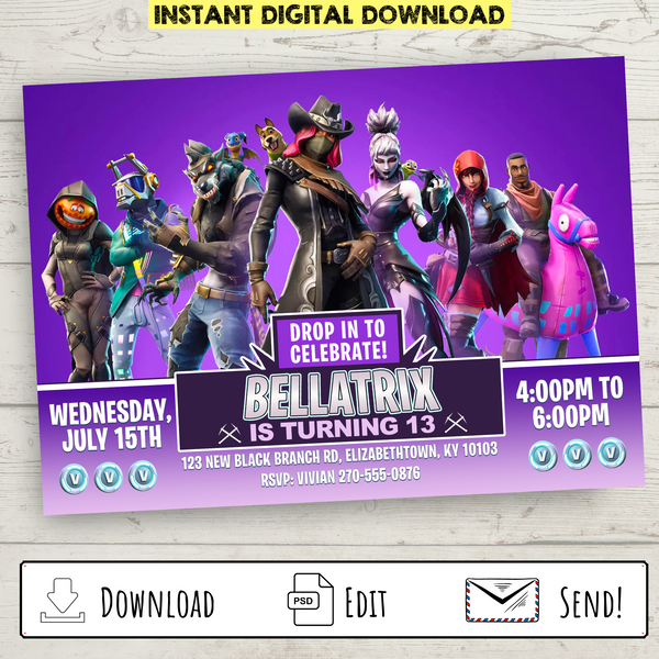 FREE Printable Fortnite Party Invitation (Purple)