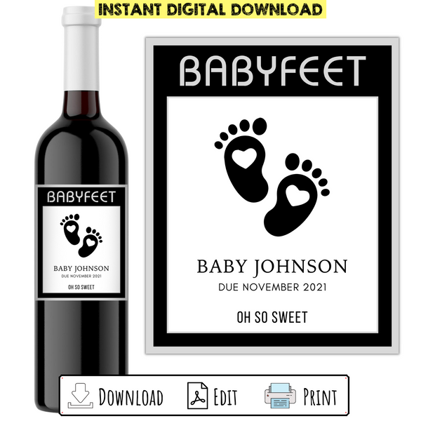 Babyfeet Custom Printable Wine Bottle Label Pregnancy Announcement