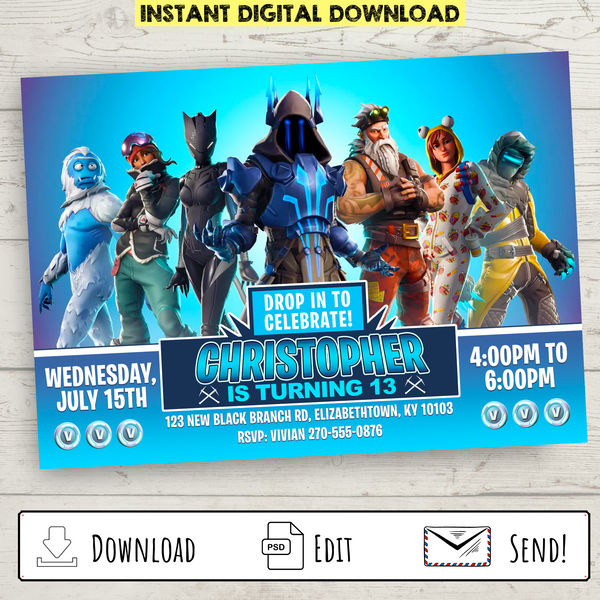 FREE Printable Fortnite Party Invitation (Blue)