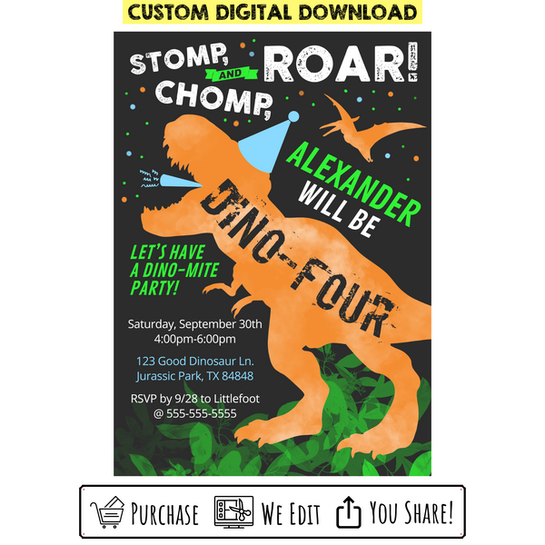 Custom Printable Dino-Four Birthday Invitation – Bright Color Mom Shop custom-printable-dino-four-birthday-invitation-bright-color-mom-shop