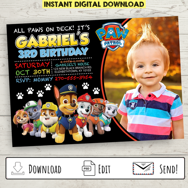 Printable Custom Paw Patrol Chalkboard-Style Party Invitation with Photo