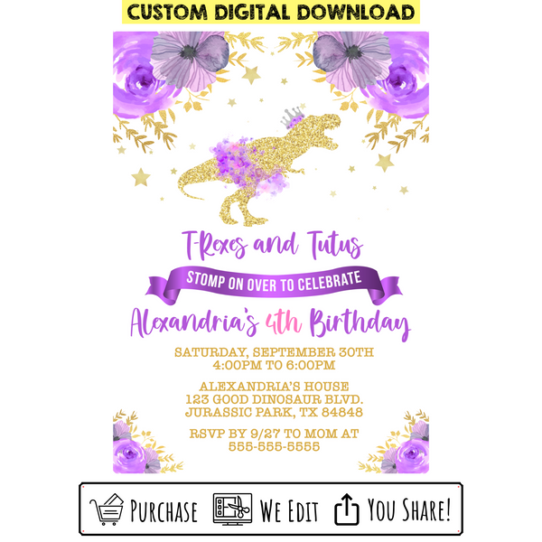 Custom Printable Purple Dinosaur Princess Birthday Invitation