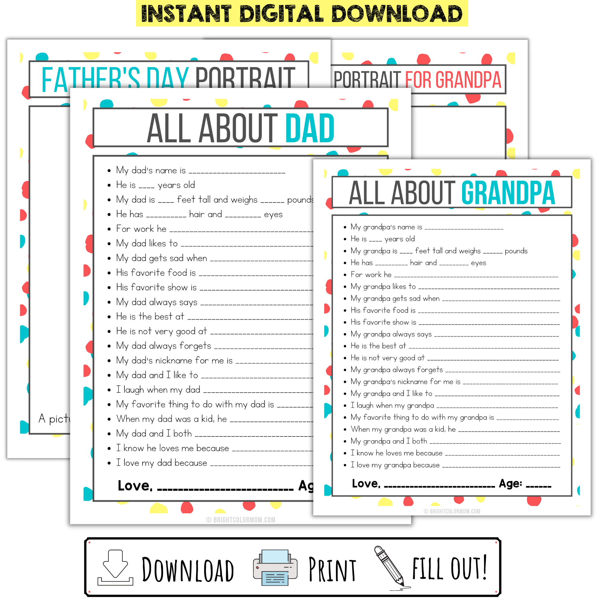 All About Dad and Grandpa Printable Father's Day Questions – Bright Color Mom Shop for Father S Day For Grandpa Free Printables